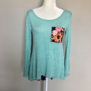 Anthro 12PM By Mon Ami Small Blue Long Sleeve Top Peasant Blouse Floral Back